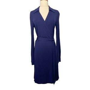 DVF Diane von Furstenberg New Jeanne Two Wrap Dress Navy Rayon Long Slv Size 12